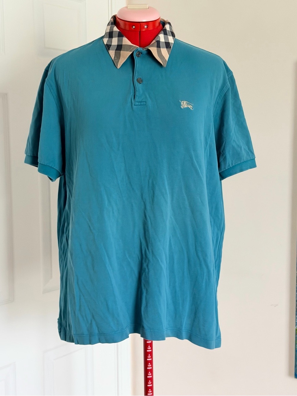 Burberry Nova Check Collar Polo Shirt Teal Blue Cotton Piqué Tee T-shirt L XL